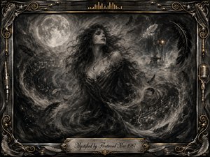 A mysterious woman emerges from swirling charcoal mist beneath a luminous full moon, surrounded by drifting feathers and ghostly musical notation. Smoky blacks, silvery grays, and restrained gold accents create a dreamlike, introspective mood. An ornate music-themed frame, vintage microphone details, and engraved title plate complete the gothic-romantic composition.