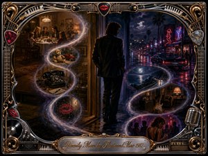 A silhouetted man stands between a warm family home and a rain-soaked neon nightlife district, reflecting divided loyalties and temptation. Glowing S-curved memory bubbles reveal family dinners, childhood toys, a telephone, lipstick, moonlit roads, music, and nightlife. Rich ambers, blues, purples, chrome, and gold create a cinematic 1980s digital-painting atmosphere.