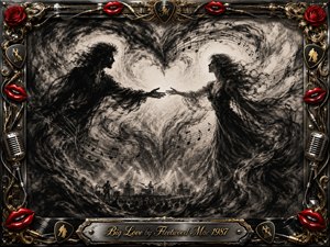 Two charcoal-rendered lovers reach toward each other across a luminous heart-shaped vortex, surrounded by swirling musical notes and a distant concert stage. Deep blacks, smoky grays, and soft ivory highlights create a passionate, mysterious mood. An ornate chrome-and-gold frame features red lips, roses, microphones, guitar details, and an engraved title plate.