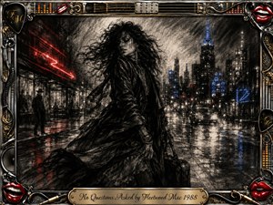 A windswept woman carrying a suitcase strides through a rain-slicked city at night, rendered in dramatic feathered charcoal. Black, silver, crimson, and electric-blue highlights create a tense, mysterious mood. Wet reflections, distant silhouettes, neon glows, and towering buildings surround her, while an ornate chrome-and-gold music-themed frame completes the cinematic composition.