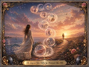 A romantic coastal scene unfolds at golden sunset, where a woman in a flowing ivory dress watches a distant figure along a winding shoreline path. Glowing feathered memory bubbles spiral upward in an S-curve, surrounded by warm roses, sailboats, stars, and soft clouds. Ornate gold, chrome, and musical details frame the luminous digital painting.