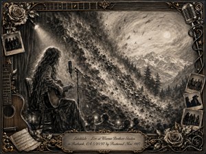 A solitary guitarist performs beside a vintage studio microphone as a dramatic mountainside crumbles into a misty alpine valley. Deep charcoal textures, smoky grays, soft sepia highlights, and focused stage lighting create a reflective, nostalgic mood. Ornate musical framing, roses, photographs, sheet music, and engraved details enrich the intimate composition.