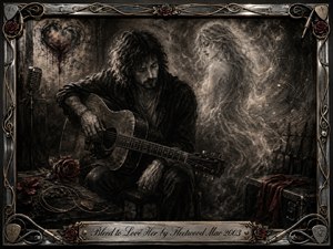 A brooding musician cradles an acoustic guitar in a smoky, intimate room while a ghostlike woman emerges beside him, suggesting longing and emotional distance. Deep charcoal blacks and grays dominate, accented by muted crimson roses and antique gold. Dramatic chiaroscuro, musical traces, cables, strings, and an ornate metallic frame intensify the melancholic romantic atmosphere.