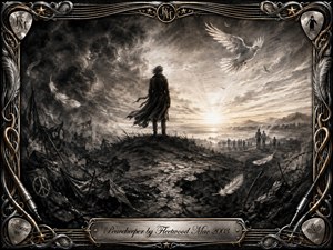 A lone figure stands amid a scarred charcoal landscape, facing a luminous sunrise where darkness gives way to hope. A white dove, drifting feathers, distant people, and rugged ruins reinforce themes of peace and resilience. An ornate chrome-and-gold musical frame, woven with strings and picks, completes the dramatic, finely textured composition.