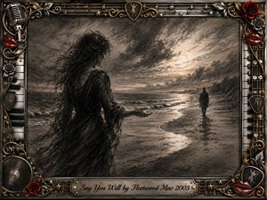 A windswept woman reaches toward a distant figure along a moonlit shoreline, evoking longing, uncertainty, and emotional distance. Deep feathered charcoal textures shape the stormy sea and glowing clouds, while silver light reflects across wet sand. An ornate chrome-and-gold musical frame, accented with roses and red lips, surrounds the melancholic scene.