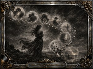 A solitary woman stands on a windswept, storm-darkened shoreline as ghostly memory bubbles curve through the scene in a graceful S-shape, revealing fragments of love, sorrow, distance, and departure. Deep charcoal blacks and smoky grays create a haunting atmosphere, while subtle gold accents, metallic roses, guitar strings, and an ornate engraved frame add elegant musical detail.