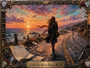 A solitary woman walks along a winding coastal road at sunset, her dark clothing and scarf swept by the wind. Fiery orange, violet, and blue clouds illuminate the sea and rugged cliffs. Richly textured oil-paint styling heightens the bittersweet mood, framed by ornate guitars, roses, records, cables, and gold detailing.