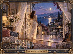 A woman in a flowing white dress stands at open French doors overlooking a moonlit coastal terrace and sparkling bay. Warm lamplight meets cool blue twilight, creating a romantic, wistful mood. Lush flowers, reflective floors, elegant furnishings, and a resting guitar enrich the detailed painterly scene, framed with ornate musical motifs.