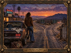 A lone traveler stands beside a weathered convertible at a desert crossroads, facing diverging highways beneath a fiery 1970s sunset. Neon motel lights, distant city glow, rugged mountains, and scattered road signs create a restless, bittersweet mood. Rich oil-painted textures, warm oranges, deep blues, and an ornate guitar-inspired frame heighten the nostalgic drama.