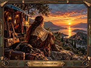 A bohemian woman rests beside a richly decorated caravan, guitar, luggage, and faithful dog, overlooking a glowing coastal valley at sunset. Warm amber light, deep blues, patterned textiles, rugged stone, and distant villages create a nostalgic, dreamlike mood. Ornate musical framing and a brass title plate complete the cinematic, handcrafted composition.