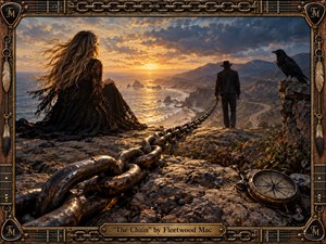A windswept woman and solitary man stand apart on a rugged coastal cliff, connected by a massive weathered chain leading toward the glowing sunset. Deep blues, bronze, gold, and black create a tense, melancholic mood. A raven, antique compass, winding shoreline, dramatic clouds, and ornate guitar-inspired frame enrich the cinematic realism.
