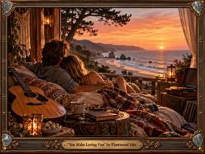 A relaxed couple nestles together in a rustic coastal retreat overlooking a glowing sunset sea. Warm amber light, patterned blankets, a wooden guitar, turntable, lanterns, and handmade decor create a romantic 1970s atmosphere. Rich wood grain, soft textiles, metallic frame details, and distant cliffs enhance the intimate, nostalgic mood.