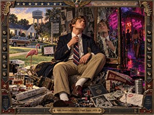 A smug young man sits amid the wreckage of suburban ambition and neon temptation, framed by guitar themed ornament. Warm sunset lawns and cool nightclub glow split the scene, while cracked mirrors, scattered trophies, drinks, money, and mocking signs create a satirical, richly detailed portrait of vanity, desire, and cultural decay.