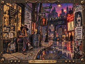 A weary street musician rests beside a glittering storefront on a rain-soaked city corner, surrounded by neon signs, cracked pavement, passing traffic, and worn urban textures. Warm golds clash with electric reds and purples, creating a sardonic, restless mood. The handcrafted mixed-media style blends grit, humor, music, and social tension.