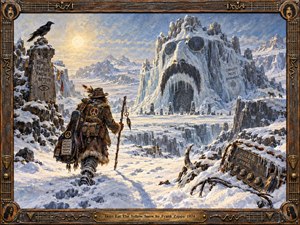 A lone traveler crosses a frozen surreal wilderness toward a colossal ice formation shaped like a strange face, surrounded by carved stones, ravens, abandoned equipment, and distant animals. Cool blues and whites contrast with warm sunset light, while thick painterly textures and an ornate wood-and-metal musical frame create eccentric, mysterious atmosphere.