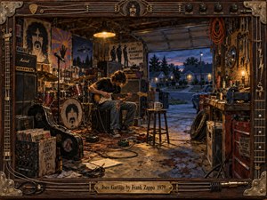 A young guitarist sits amid a cluttered suburban garage filled with drums, amplifiers, cables, tools, records, and rebellious artwork. Warm amber lamps contrast with cool blue dusk outside, creating a nostalgic, restless mood. Detailed painterly textures, worn wood, metal hardware, and musical clutter evoke eccentric late-1970s rock culture.