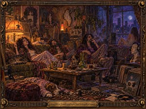 A richly detailed 1970s bohemian music room glows with amber lamplight and cool moonlight, crowded with lounging figures in patterned pajamas, records, reel-to-reel equipment, plants, and surreal decor. Deep browns, purples, and golds create a decadent, eccentric mood, framed by ornate guitar hardware and carved metalwork.