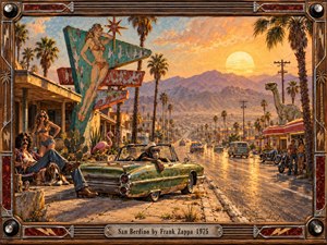 A sun drenched desert boulevard stretches toward rugged mountains, framed by palms, faded roadside architecture, motorcycles, and a battered green convertible. Warm orange light, dusty textures, eccentric figures, and surreal details create a satirical 1970s California mood. The handcrafted frame combines wood, metal, strings, and amplifier inspired hardware.