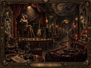 A decadent gothic cabaret stretches into an endless mirrored corridor, where a solitary woman sits beneath a harsh spotlight beside a piano and electric guitar. Crimson velvet, tarnished bronze, smoky shadows, distorted faces, and dim chandeliers create a claustrophobic mood of theatrical menace, rendered in richly detailed dark surrealist painting.