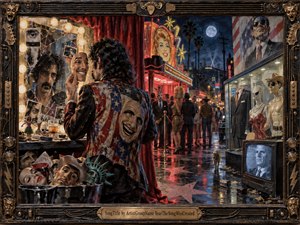 A weary, mustached performer studies a false smile in a cracked dressing-room mirror while neon Hollywood nightlife glows beyond the curtain. Wet streets, mannequins, and satirical American imagery create a dark, theatrical mood. Rich reds, blues, and golds, glossy reflections, and painterly detail intensify the surreal composition.