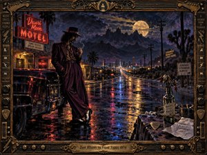 A sharply dressed musician leans against a dark vintage car beside a neon desert motel, smoking beneath a luminous moon and jagged mountains. Rain-slick pavement reflects crimson, gold, and electric blue lights toward a distant city. Ornate guitar-inspired framing and surreal roadside details create a nocturnal, eccentric, cinematic mood.
