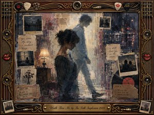 A ghostlike man seems to walk through a pensive woman in a layered collage of faded photographs, torn notes, city lights, and warm interior memories. Muted blues, charcoal gray, mauve, cream, and amber create a wistful mood. Mixed oil, acrylic, and watercolor textures are enclosed by an ornate musical rosewood-and-metal frame.