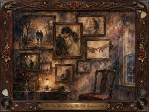 A weathered room holds a poignant collage of framed memories: lovers embracing, walking beneath bare trees, laughing, and reaching toward one another. Warm sepia, rust, charcoal, and faded blue tones glow beneath dim lamplight. Layered oil-and-watercolor textures, roses, records, strings, and ornate woodwork create a tender atmosphere of grief and remembrance.