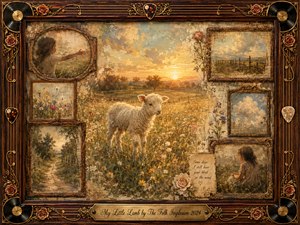 A small white lamb stands in a glowing wildflower meadow at sunset, surrounded by faded childhood memories in ornate rosewood frames. Warm gold, cream, dusty rose, and muted blue create a tender, nostalgic mood. Painterly oil, acrylic, and watercolor textures blend with roses, guitar strings, picks, vinyl records, and an engraved title plate.