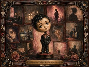 A melancholy bobblehead figure stands amid a faded collage of shadowy rooms, musicians, guitars, roses, and nocturnal city lights. Warm sepia, smoky black, muted crimson, and dusty pink tones create nostalgic unease. Painterly textures, dim theatrical lighting, ornate gold-and-chrome framing, vinyl records, cables, and a scripted title plate complete the dreamlike composition.