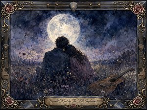 Two figures sit closely in a moonlit wildflower field beneath an enormous glowing full moon, an acoustic guitar resting nearby. Cool indigo, silver, violet, and muted rose tones create a tender, wistful mood. Watercolor textures soften the scene, while an ornate gold-and-chrome musical frame adds vintage elegance.