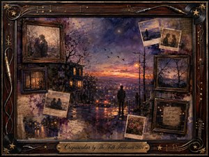 A solitary figure overlooks a glowing twilight city, surrounded by faded photographs, handwritten memories, roses, and antique frames. Deep violet, amber, and dusky blue tones create a wistful, reflective mood. Painterly textures blend oil, acrylic, and watercolor effects, while musical details and aged rosewood framing enrich the nostalgic composition.