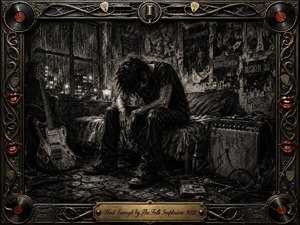 A weary musician slumps forward in a rain-darkened rehearsal room, surrounded by a battered guitar, amplifier, tangled cables, scattered picks, and torn posters. Deep charcoal blacks and smoky grays create a raw, exhausted mood, while faint city light filters through the window. An ornate gold-and-black music-themed frame adds dramatic contrast.