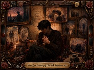 A solitary young man sits curled in a dim room surrounded by fading framed memories of love, music, and companionship. Warm amber, rust, brown, and muted crimson tones glow beneath candlelike lighting. Painterly oil-and-watercolor textures soften the nostalgic collage, while roses, guitar strings, records, and ornate gold details deepen the melancholy atmosphere.
