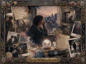 A solitary young figure sits beside a dusk-lit window, surrounded by fading photographs, handwritten notes, instruments, and a luminous pearl. Dusty blues, sepia, rose, charcoal, and muted gold create a wistful mood. Layered oil, acrylic, and watercolor textures merge memories beneath an ornate musical frame and engraved title plate.