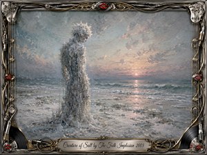 A solitary salt-encrusted figure stands on a pale shoreline at dusk, facing a restless sea beneath softly glowing pink and blue clouds. Textured painterly strokes create a fragile, melancholic atmosphere. An ornate chrome-and-gold musical frame surrounds the scene, detailed with strings, records, microphones, red lips, and an engraved title plate.