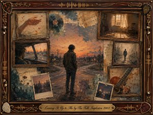 A solitary figure stands at a twilight crossroads, surrounded by fading framed memories of a hand, empty room, car ride, distant walker, photographs, and musical fragments. Warm amber, sepia, dusty teal, and muted rose create a bittersweet glow. Painterly mixed-media textures, rosewood framing, gold inlay, guitar strings, and picks deepen the nostalgic mood.