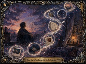 A solitary figure sits on a twilight rooftop beneath a swirling violet-orange sky, contemplating luminous memory bubbles filled with records, photographs, handwritten pages, stars, and a distant city. Warm lamplight contrasts with cool urban shadows, while painterly textures, drifting petals, musical details, and an ornate metallic frame create a wistful, dreamlike atmosphere.