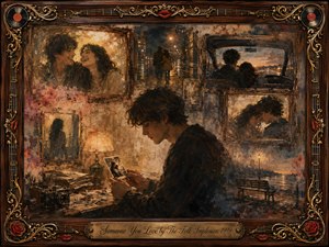 A solitary young man studies an old photograph in a dim, memory-filled room, surrounded by framed scenes of love, laughter, rainy walks, and quiet drives. Warm sepia, rose, gold, and dusky blue tones glow beneath soft lamplight, while painterly textures, fading edges, roses, musical details, and ornate wood framing deepen the wistful nostalgia.