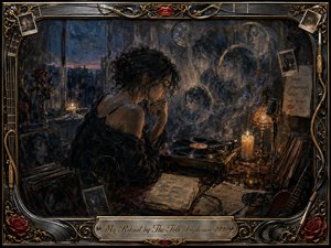 A solitary woman sits beside a spinning vinyl record in a shadowy, candlelit room, surrounded by faded portraits, handwritten notes, roses, and musical relics. Deep charcoal, midnight blue, amber, and bronze tones create an intimate, ritualistic mood, while textured painterly layers and an ornate metallic frame evoke memory, longing, and private devotion.