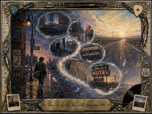 A lone traveler leaves a rain-slick city as translucent feathered memories curve toward an open highway and glowing horizon. Cool blues, violet shadows, and muted reds gradually warm into dusty gold and sunrise cream. Painterly gouache textures, cassette tapes, road maps, motel signs, and an ornate musical frame create a wistful sense of freedom.