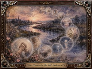 A winding river glows beneath a muted sunset, surrounded by dusky fields, distant hills, and wildflowers. Translucent memory bubbles curve through the scene, revealing clasped hands, faces, bridges, boats, and moonlit water. Soft watercolor textures, lavender blues, warm sepia tones, and an ornate musical frame create a tender, nostalgic atmosphere.