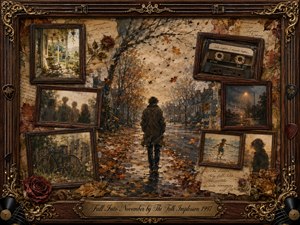 A solitary figure walks through a rain-darkened autumn street, surrounded by vintage rosewood frames holding faded memories of friends, bicycles, porches, and cassette tapes. Burnt orange, sepia, charcoal, and muted gold create a wistful November mood, while soft painterly lighting, drifting leaves, ornate musical details, and aged textures deepen the nostalgia.