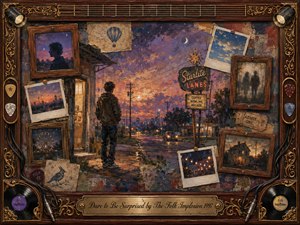 A solitary figure stands on a rain-darkened street beneath a glowing violet-orange twilight, surrounded by faded Polaroids, vintage photographs, tickets, and nostalgic fragments. Warm painterly textures blend oil, acrylic, and watercolor effects, while rosewood, gold filigree, guitar strings, records, and spotlights frame the dreamlike collage with wistful intimacy.