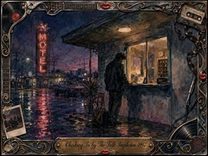 A solitary traveler checks in at a weathered roadside motel beneath a glowing red neon sign, surrounded by rain-slicked pavement and distant city lights. Deep blues, purples, amber, and crimson create a reflective, melancholic mood. Painterly textures, vintage details, musical ornaments, and the engraved frame suggest memory, loneliness, and quiet transition.