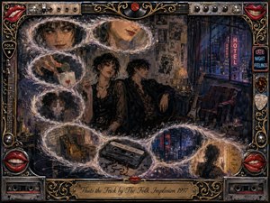 A moody late-night indie-rock interior centers on two detached young figures surrounded by feathered memory bubbles tracing an S-curve. Smoky blues, purples, tarnished gold, cream, and red glow under dim neon and lamplight. Painterly mixed-media textures frame intimate glimpses of lips, cards, guitars, cassette tape, city lights, and romance.