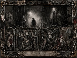 A solitary figure stands beyond a battered metal barricade in a shadowy urban alley, surrounded by graffiti, tangled wire, broken instruments, cables, and torn posters. Deep charcoal textures, rusted steel, muted browns, and smoky grays create a tense, isolated mood, while hazy streetlights cast ghostly illumination through the gritty industrial scene.