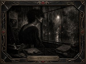 A solitary figure gazes through a rain-streaked window into a shadowy city night, surrounded by a guitar, turntable, microphone, scattered records, and drifting smoke. Deep charcoal blacks and silvery grays create a brooding noir mood, accented by faint crimson lights. An ornate metallic frame adds vintage musical detail.