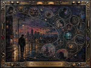 A solitary figure walks through a rain-soaked city at dusk as delicate web-like threads connect floating fragments of music, memory, and urban life. Deep blues, violet shadows, amber lights, and rust tones create a mysterious, introspective mood. Textured painterly surfaces, glowing reflections, instruments, circuitry, and ornate metallic framing enrich the dreamlike composition.