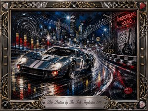SongData-PolePosition-TheFolkImplosion-1997 A sleek vintage race car surges through a rain-slicked city track at night, surrounded by glowing neon, blurred lights, and sweeping sound-wave lines. Deep blues, charcoal, silver, red, and amber create a tense, energetic mood. Expressive acrylic textures, vinyl motifs, equalizer reflections, and an ornate chrome-and-gold musical frame complete the cinematic scene.