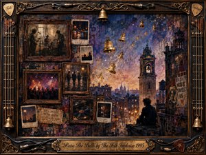 A twilight cityscape unfolds beneath floating golden bells, blending faded concert memories, Polaroids, framed photographs, and a solitary rooftop figure. Deep blues, violet shadows, amber streetlights, and weathered textures create a wistful, dreamlike mood. Painterly brushwork, distressed collage surfaces, ornate musical framing, and warm metallic accents evoke nostalgic alternative-rock melancholy.